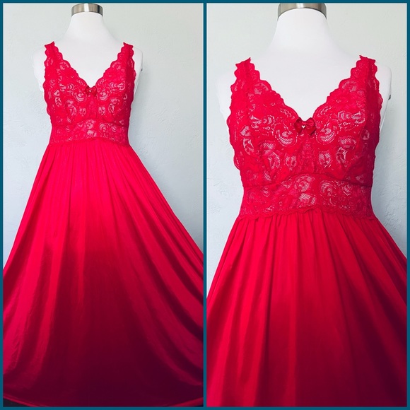 Vintage 80s Shadowline Red Lace Bodice Nylon Full Sweep Nightgown Sz S Mint - Picture 1 of 6